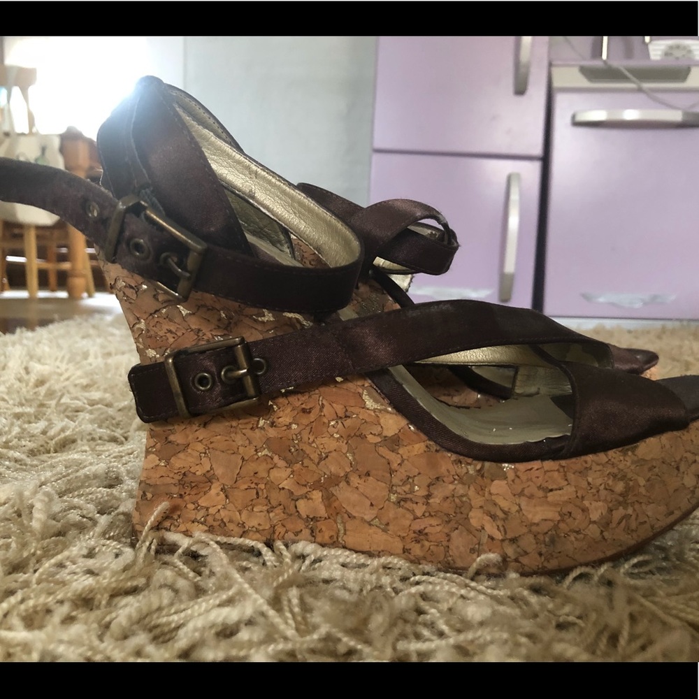 Jessica Simpson brown satin and cork wedges